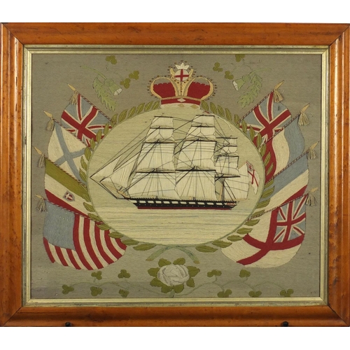 76 - Antique Naval interest sailors wool work picture depicting a rigged ship surrounded by eight flags, ... 