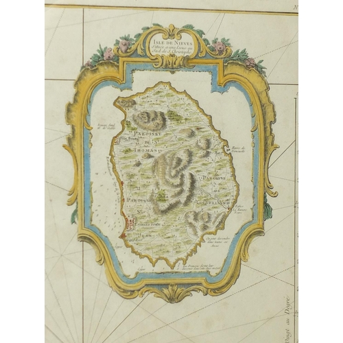 202 - 18th century hand coloured map, Carter Reduite De L'Isle De Saint Christophe by Bellin, framed, 96.5... 