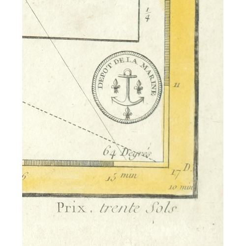 202 - 18th century hand coloured map, Carter Reduite De L'Isle De Saint Christophe by Bellin, framed, 96.5... 