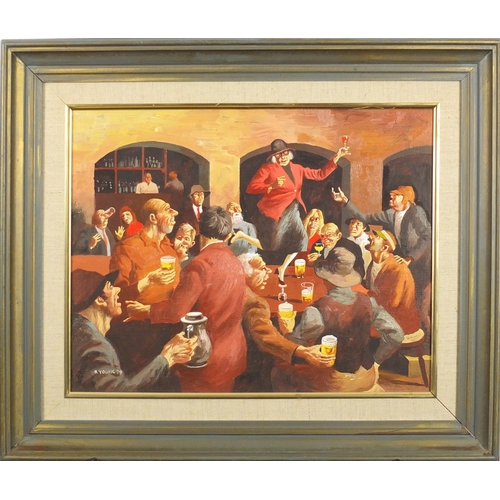 1258 - Robert Young - Grannies Doing it Again, oil on board, inscribed verso, mounted and framed, 45cm x 34... 