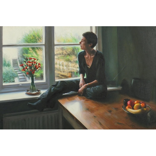 1241 - Tina Spratt - Daydreamer, Female looking out of a window with still life, oil on canvas, unframed, 6... 