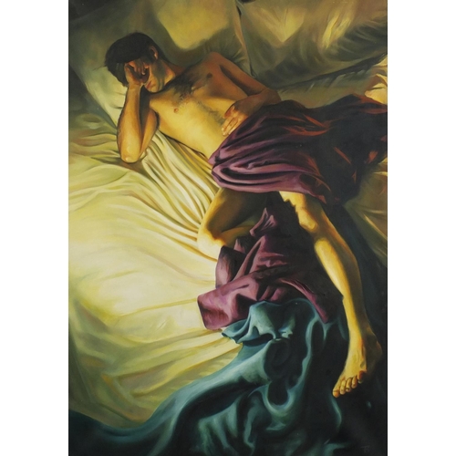 1240 - Tina Spratt - Sleeping nude male, oil on canvas, unframed, 66.5cm x 46cm