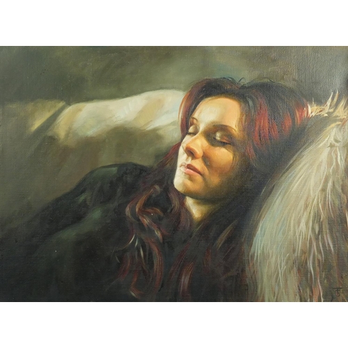 1242 - Tina Spratt - Portrait of a female resting, oil on canvas, unframed, 56cm x 40.5cm