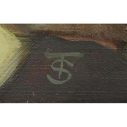 1243 - Tina Spratt - Female reading by a window, oil on canvas, unframed, 40.5cm x 40.5cm