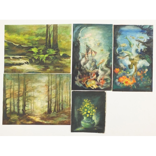 1464 - F Enlen - Five German school watercolours onto cards, the largest 51cm x 37cm