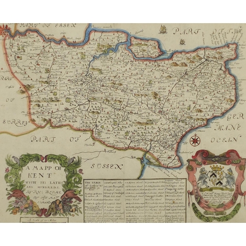 203 - Seven antique hand coloured maps including a road map of London to Rye by John Ogilby and one of Ess... 