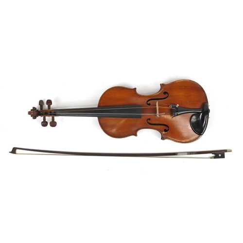 170 - Old wooden violin with bow and case, the violin bearing a label inscribed T Holmes Jun Carlisle Nov ... 