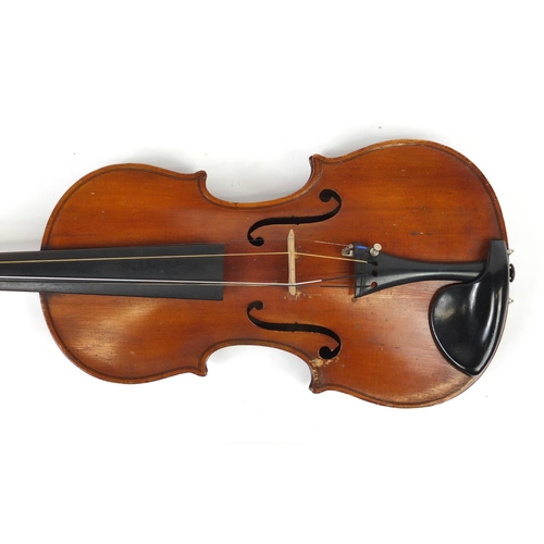 170 - Old wooden violin with bow and case, the violin bearing a label inscribed T Holmes Jun Carlisle Nov ... 