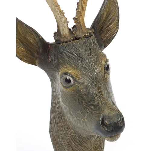 89 - Black forest carved wood deer's head with glass eyes, 56cm high