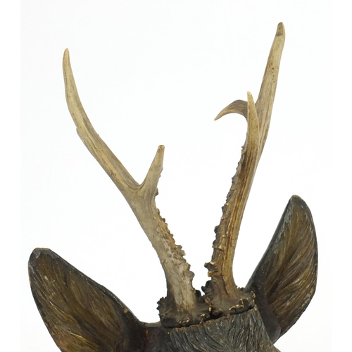 89 - Black forest carved wood deer's head with glass eyes, 56cm high