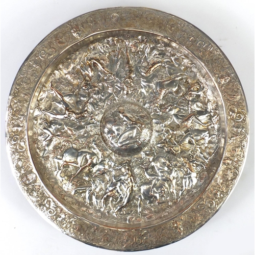 958 - Large Elkington & Co silver plated platter embossed with Roman Gladiators, 67.5cm in diameter