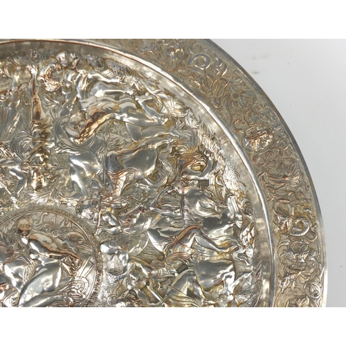 958 - Large Elkington & Co silver plated platter embossed with Roman Gladiators, 67.5cm in diameter