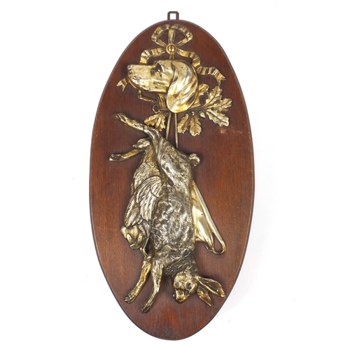 88 - 19th century silver plated hunting scene mounted on an oval oak plaque, 56cm x 28cm