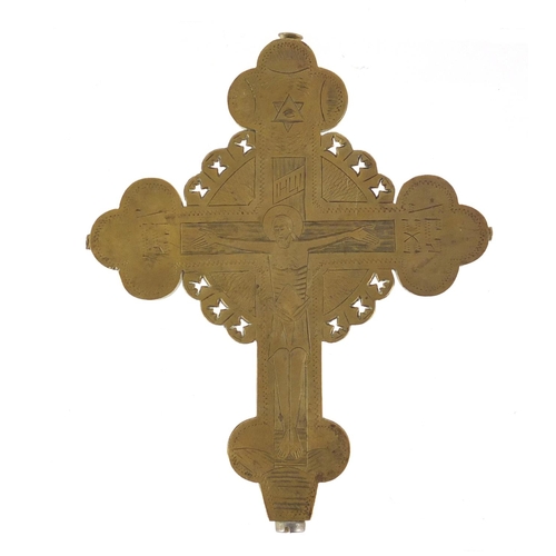 113 - Antique Imperial Russian Orthodox crucifix alter cross, finely engraved with a Corpus Christi, 14cm ... 