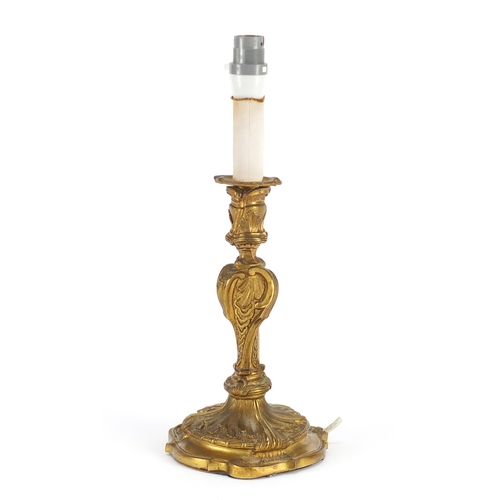 16 - 19th century French Louis XV style ormolu candlestick converted to a table lamp, 25cm high excluding... 