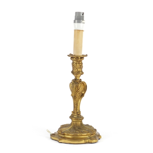 16 - 19th century French Louis XV style ormolu candlestick converted to a table lamp, 25cm high excluding... 