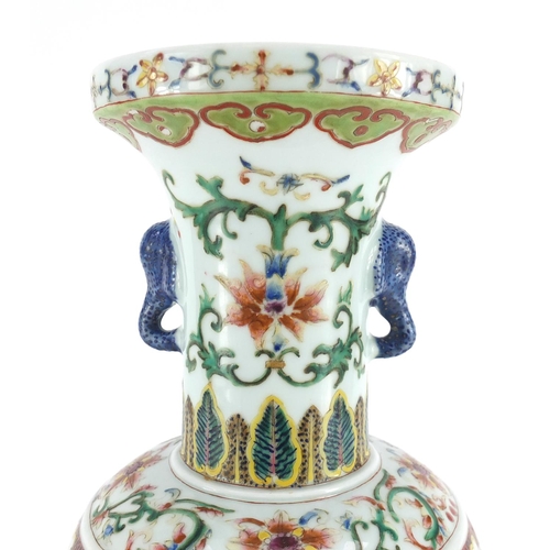386 - Chinese porcelain vase with elephant head handles, finely hand painted in the famille rose palette w... 
