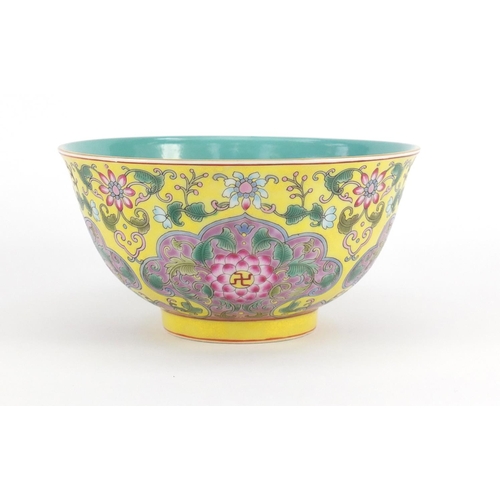 396 - Chinese porcelain yellow ground bowl, finely hand painted in the famille rose palette with chrysanth... 