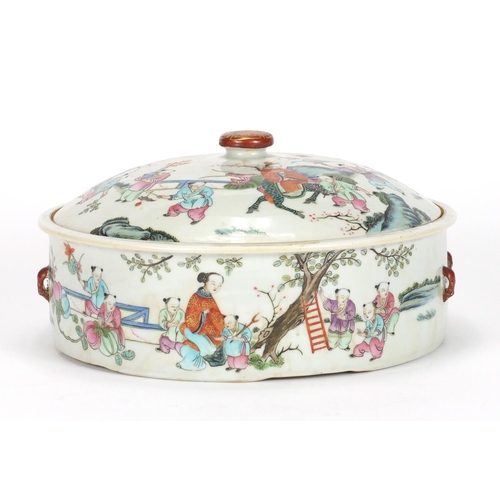 404 - Chinese porcelain pot and cover with twin iron red handles, finely hand painted in the famille rose ... 