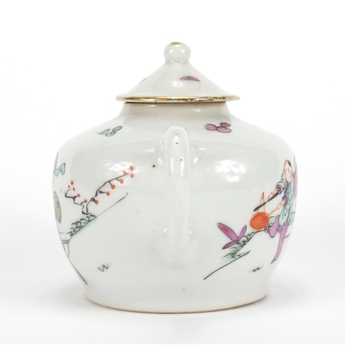 395 - Chinese porcelain teapot hand painted in the famille rose palette with figures and a Qilin, 9.5cm hi... 
