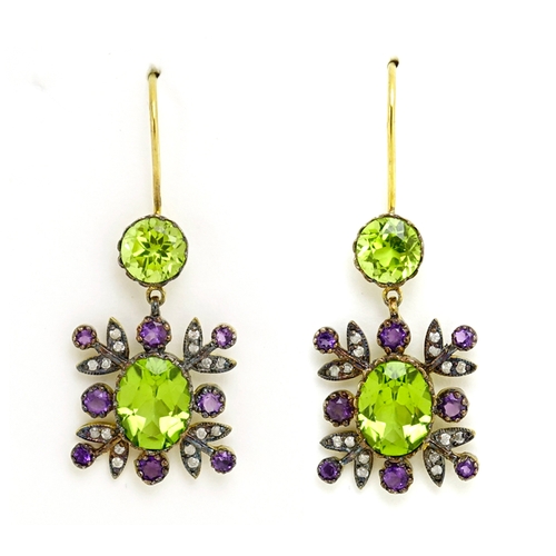 973 - Pair of unmarked gold suffragette style earrings set with diamonds, amethyst and peridot, 4cm in len... 