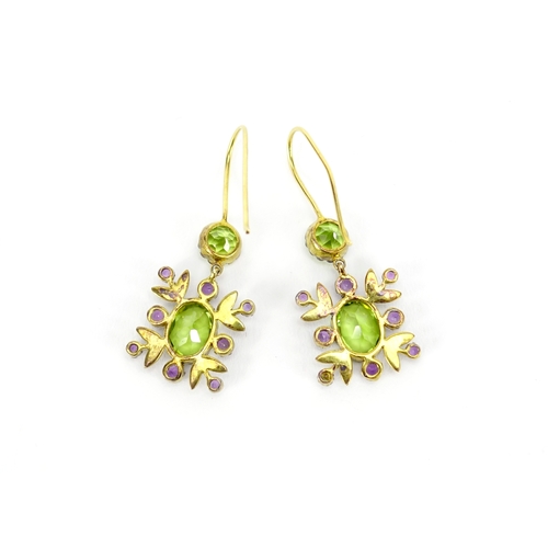 973 - Pair of unmarked gold suffragette style earrings set with diamonds, amethyst and peridot, 4cm in len... 