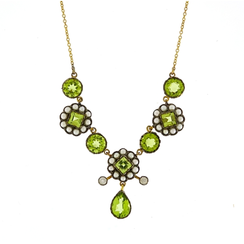 968 - Antique style 9ct gold peridot seed pearl and diamond necklace, 44cm in length, 6.5g