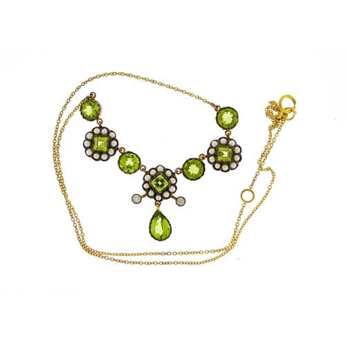 968 - Antique style 9ct gold peridot seed pearl and diamond necklace, 44cm in length, 6.5g