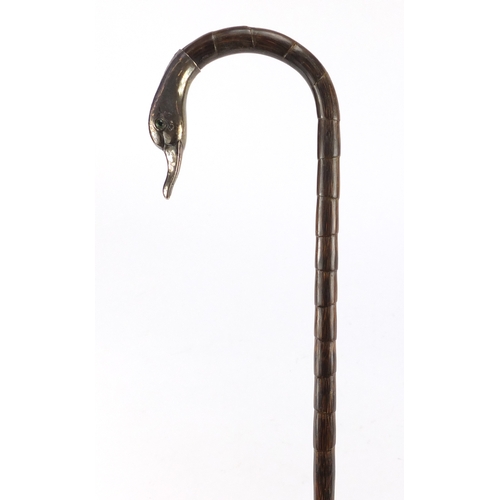 160 - Silver topped walking stick with ducks head design handle, Birmingham hallmarks, 90cm in length