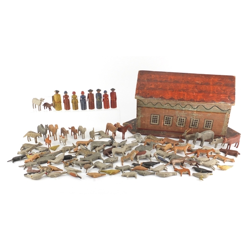 337 - 19th century hand painted wooden Noah's Ark with a collection of carved wood animals, probably Germa... 