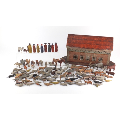 337 - 19th century hand painted wooden Noah's Ark with a collection of carved wood animals, probably Germa... 