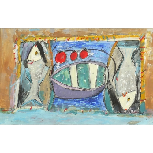 1450 - Newlyn Fishes, mixed media on card, framed, 52cm x 32cm