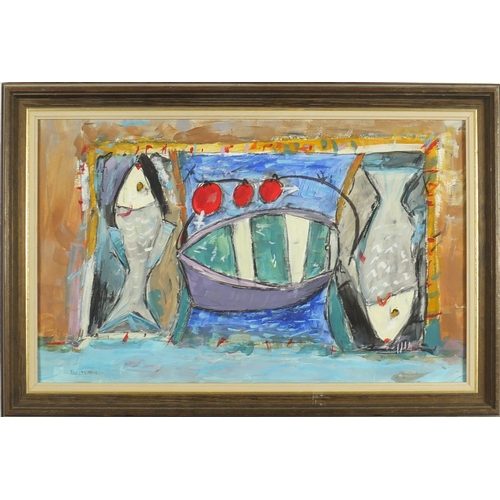 1450 - Newlyn Fishes, mixed media on card, framed, 52cm x 32cm