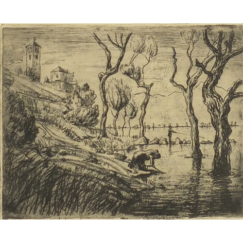 1475 - Female washing in a river, pencil signed black and white etching, bearing indistinct signature and t... 