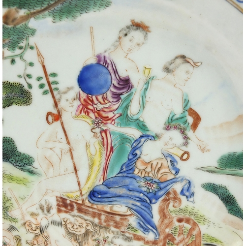 406 - Chinese porcelain plate, finely hand painted in the famille rose palette with European figures in a ... 