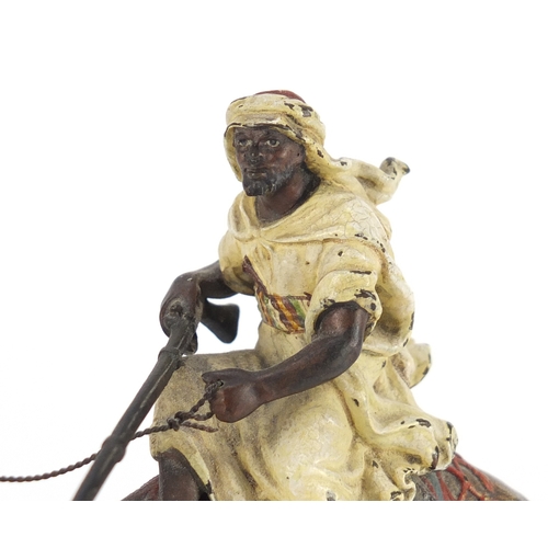 6 - Franz Xaver Bergmann, Austrian cold painted bronze figure of an Arab huntsman on camelback, impresse... 