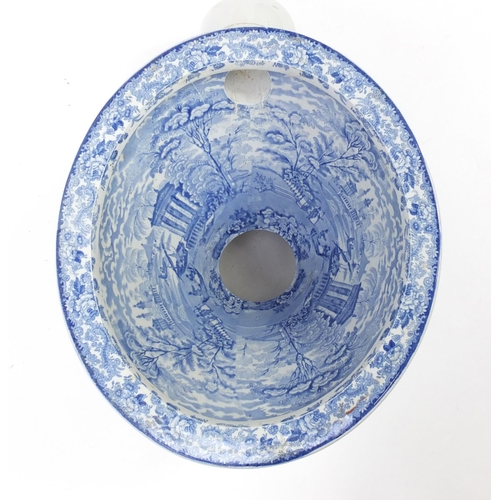 769 - Victorian blue and white two piece toilet, transfer printed in the Oriental pattern, the bowl 40cm i... 