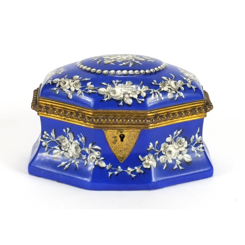 785 - 19th century porcelain Tahan box with gilt metal mounts, hand painted with flowers and foliage, the ... 