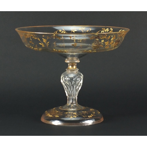 798 - Good Imperial Russian glass tazza by Maltsev, finely gilded with flowers and foliage, 21.5cm high x ... 