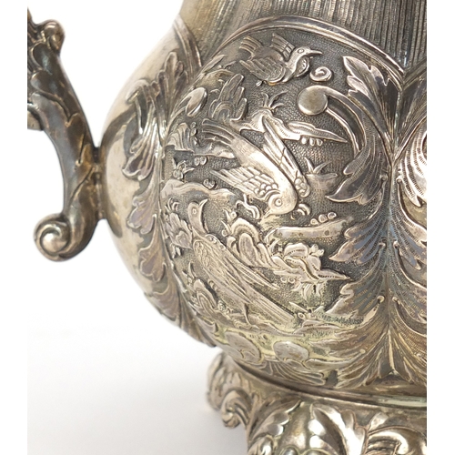592 - Good Chinese Canton silver teapot by Khecheong, finely embossed with birds amongst a landscape, 19cm... 