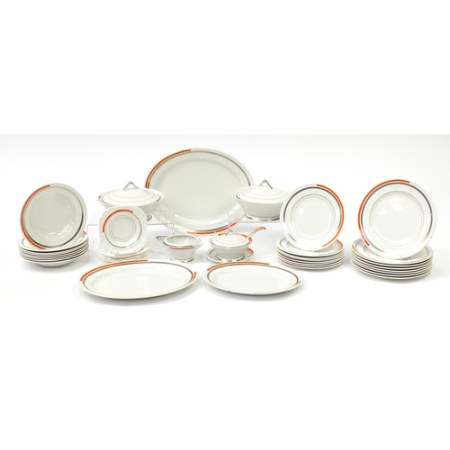 833 - Art Deco Shelley Eve dinner service including graduated set of platters, two lidded tureens and a li... 