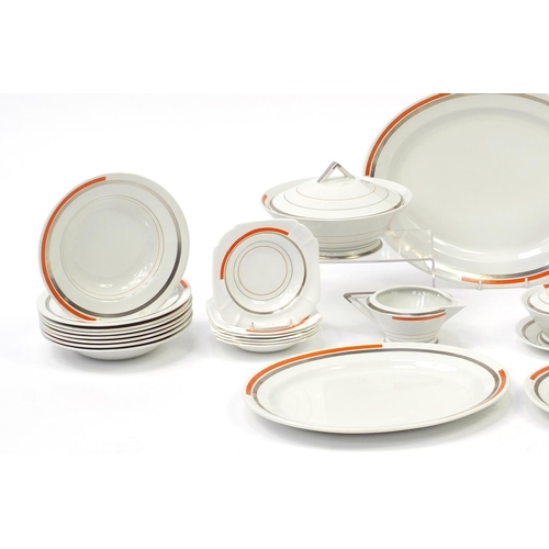 833 - Art Deco Shelley Eve dinner service including graduated set of platters, two lidded tureens and a li... 