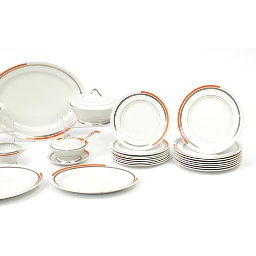 833 - Art Deco Shelley Eve dinner service including graduated set of platters, two lidded tureens and a li... 