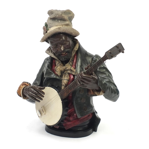 840 - Austrian hand painted life size terracotta bust of a banjo player, after Pietro Calvi possibly by Go... 