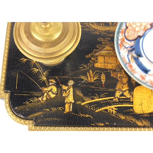 29 - 19th century French black lacquer and porcelain chinoiserie desk stand with porcelain inkwells and t... 