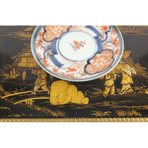 29 - 19th century French black lacquer and porcelain chinoiserie desk stand with porcelain inkwells and t... 