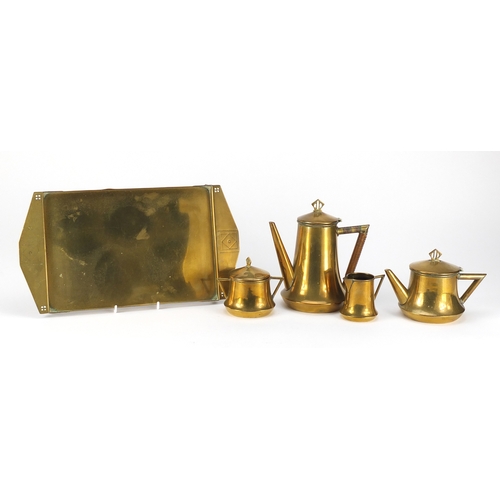 849 - Arts & Crafts brass four piece tea service on tray possibly German, the tray 37cm wide