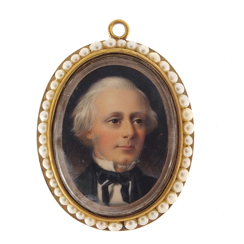 115 - Georgian hand painted portrait miniature of a young gentleman, housed in a gold coloured metal mourn... 