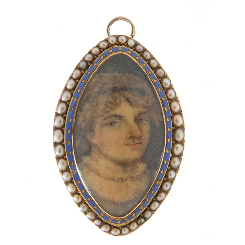116 - Georgian hand painted portrait miniature of a young male, housed in an unmarked gold mourning brooch... 