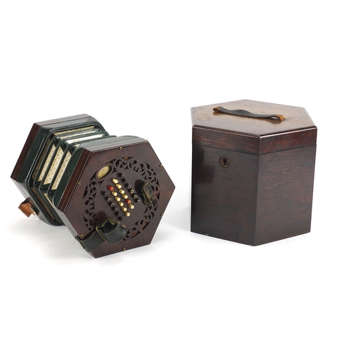 176 - 19th century rosewood forty eight button concertina by C Wheatstone, with ivory keys and rosewood tr... 